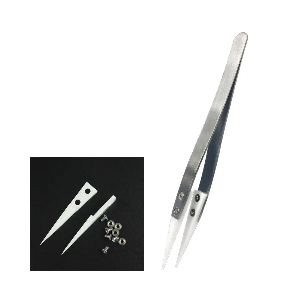 Precision Ceramic Tips Tweezers Anti-static Straight Aimed Tweezers Stainless Steel Handle High Temperature for Pinching Coils