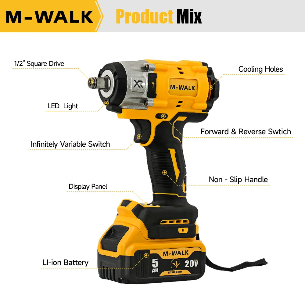 M-WALK 300N.M Brushless Electric Impact Wrench 3000RPM Cordless Wrench Screwdriver 1/2Inch Power Tool For Dewalt 20V Battery Pin