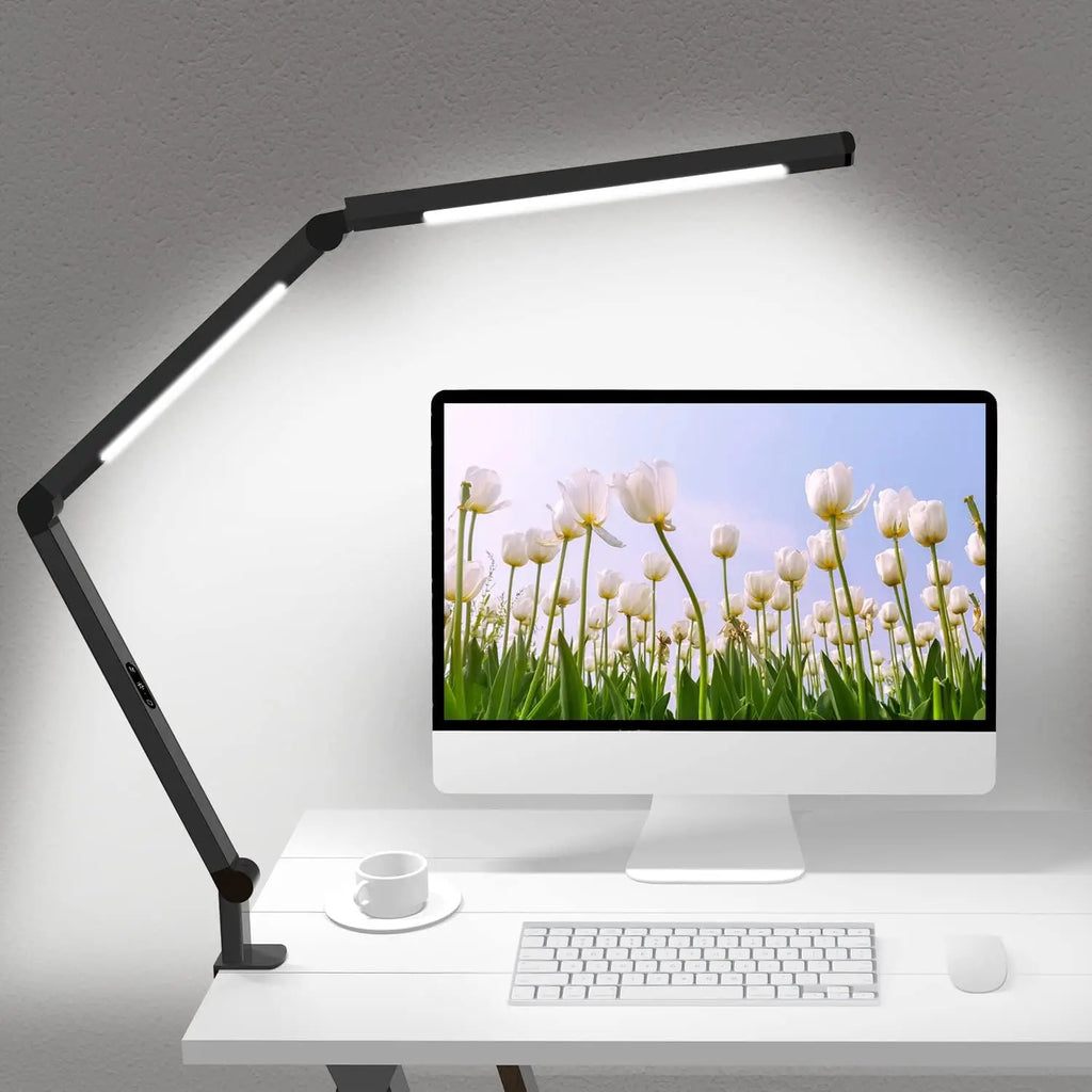 Adjustable LED Desk Lamp with Clamp, Dual Light, 4 Color Modes & 5 Brightness Levels for Home Office