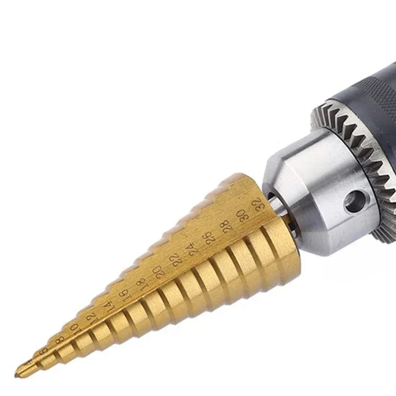 Titanium Coated Step Drill Bit Set | Large & Small Sizes | 2-Piece or 3-Piece for Metal, Wood, and Plastic