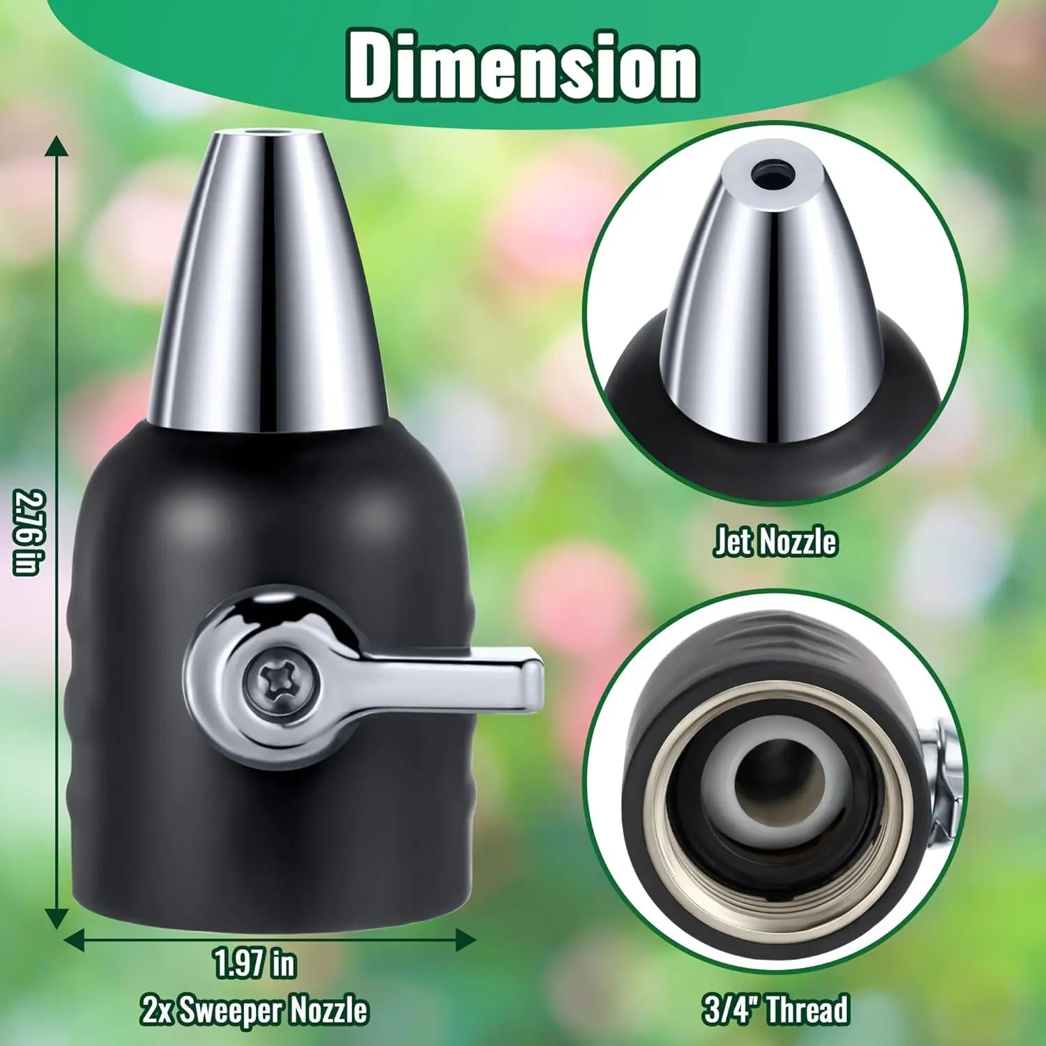 3/4" GHT Garden Hose Nozzle with Shut Off Valve, Zinc Jet Sprayer for Watering, Car Washing, and Sweeping (Black, 2 Pack)