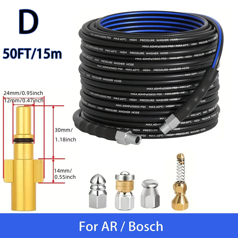 50FT Blue-Black Cleaning Hose Pressure Washer Drain Flusher,1/4" NPT  5000PSI Sink Unblocker Kitchen Flusher Nozzle Accessories
