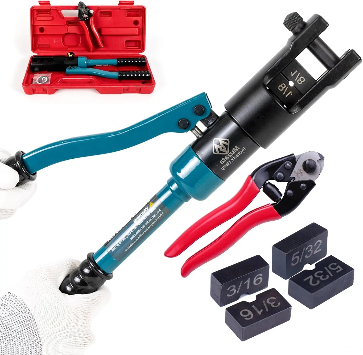 Upgraded Hydraulic Cable Railing Crimping Tool for 1/8" 5/32" 3/16" Stainless Steel Wire Rope with Cutter