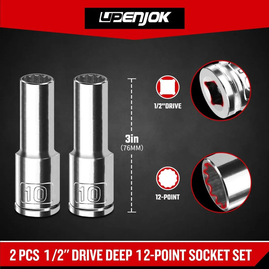 2PCS 1/2" Drive 10mm Socket Set, Deep, Mirror Finish, Cr-V Steel, 12-Point