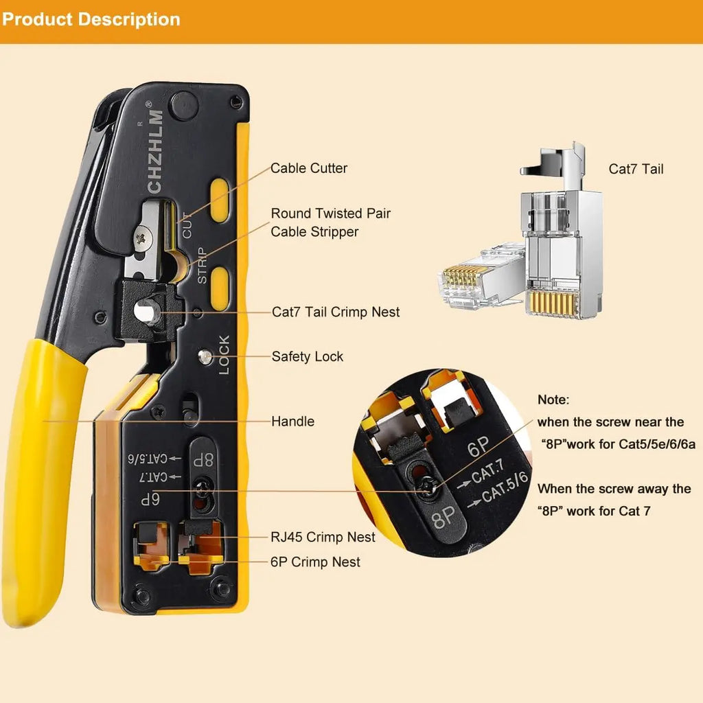 RJ45 Crimp Tool Kit with Cable Tester for Ethernet Connectors Cat7 Cat6 Cat5, Includes Stripper and Telephone Connector