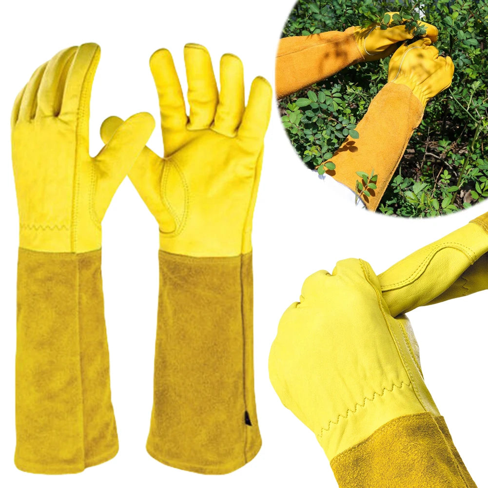 1 Pair Long Thorn Proof Gardening Gloves Breathable Leather Working Mitten with Forearm Protection Floral Gauntlet for Women Men