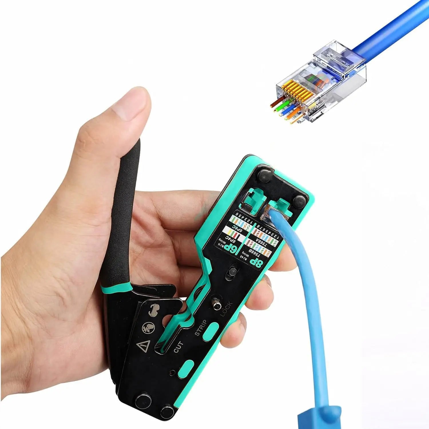 RJ45 Crimp Tool Kit with Pass Through, Network Tool Set for Cat6 Cat5e Connectors, Includes Wire Tracker and Punchdown Tool