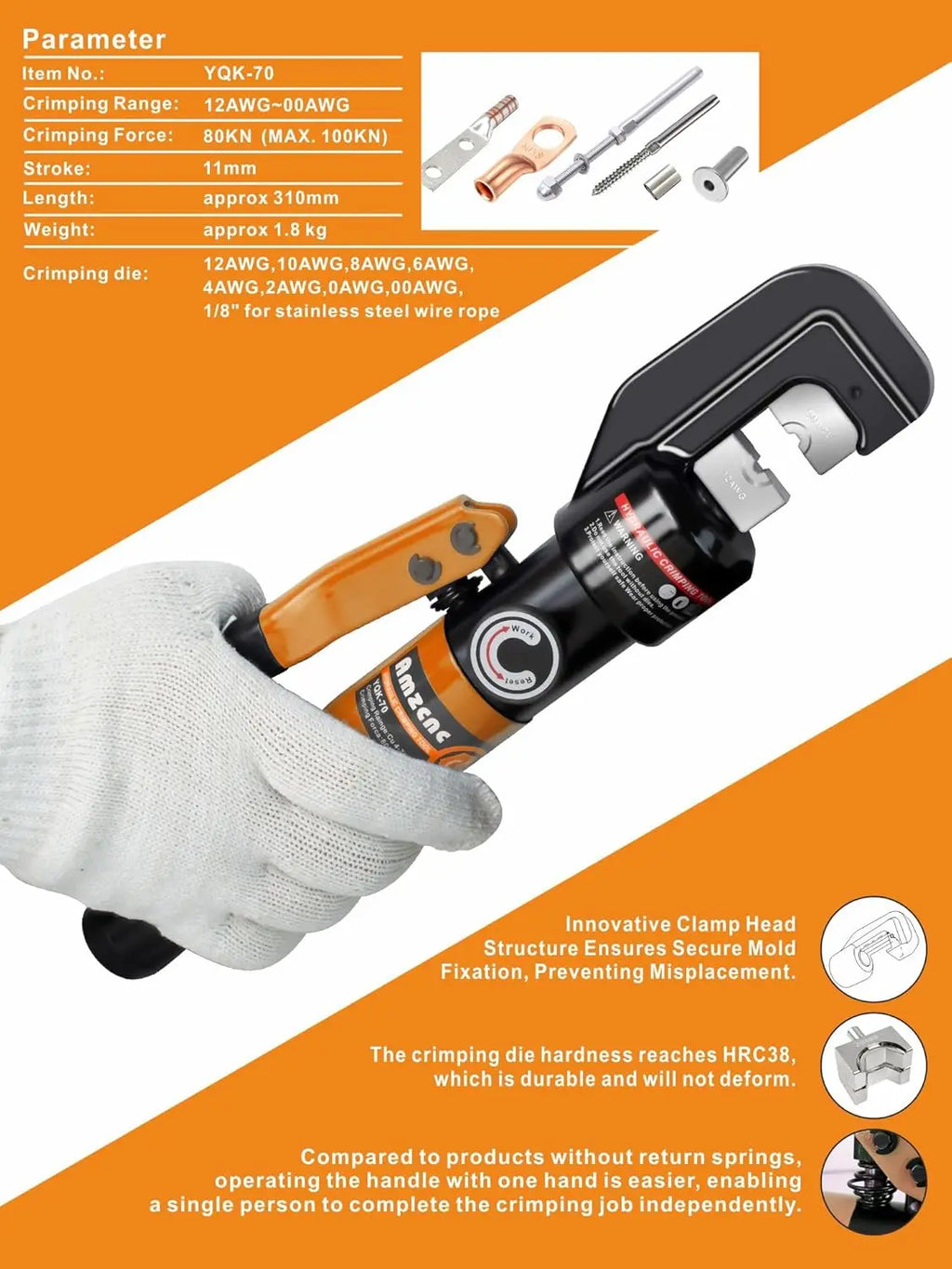 1/8" Hydraulic Hand Crimper Tool for Stainless Steel Cable Railing Fittings, 8 Ton Swaging Tool with Cable Cutter