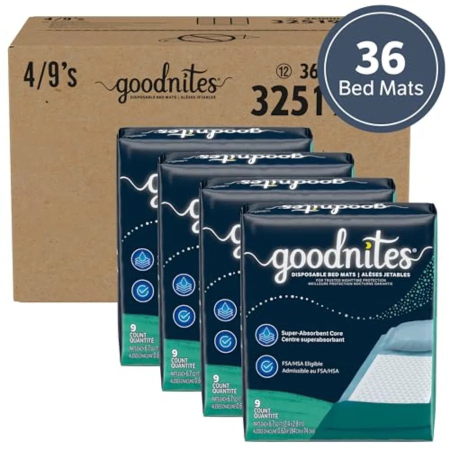 Goodnites Disposable Bed Pads/Bed Mats for Bedwetting 2.4 x 2.8 ft 36 Ct 4 Packs of 9