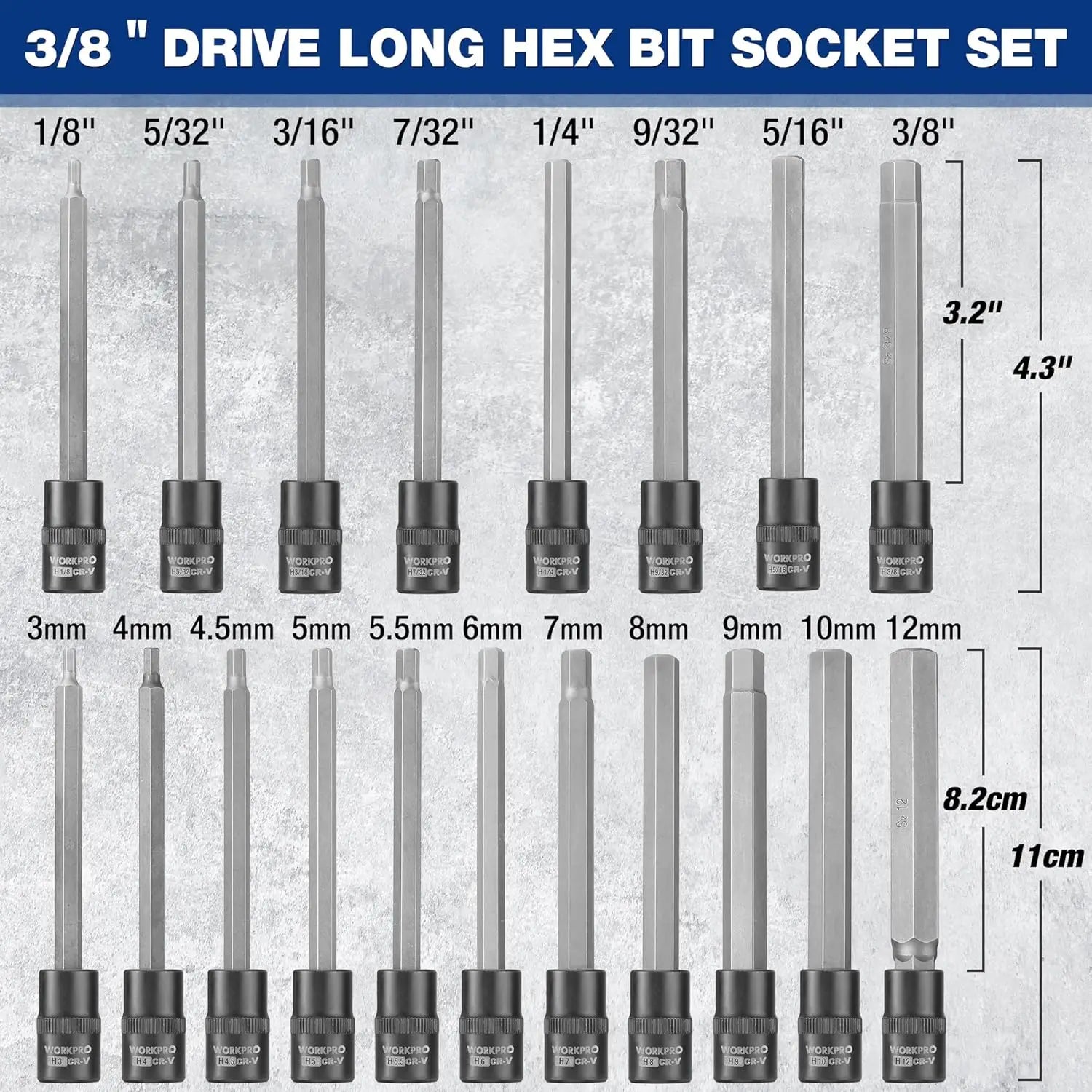 19-Piece 3/8 Inch Drive Extra Long Hex and Torx Bit Socket Set with Premium S2 Steel and CR-V Sockets, Includes Storage Case