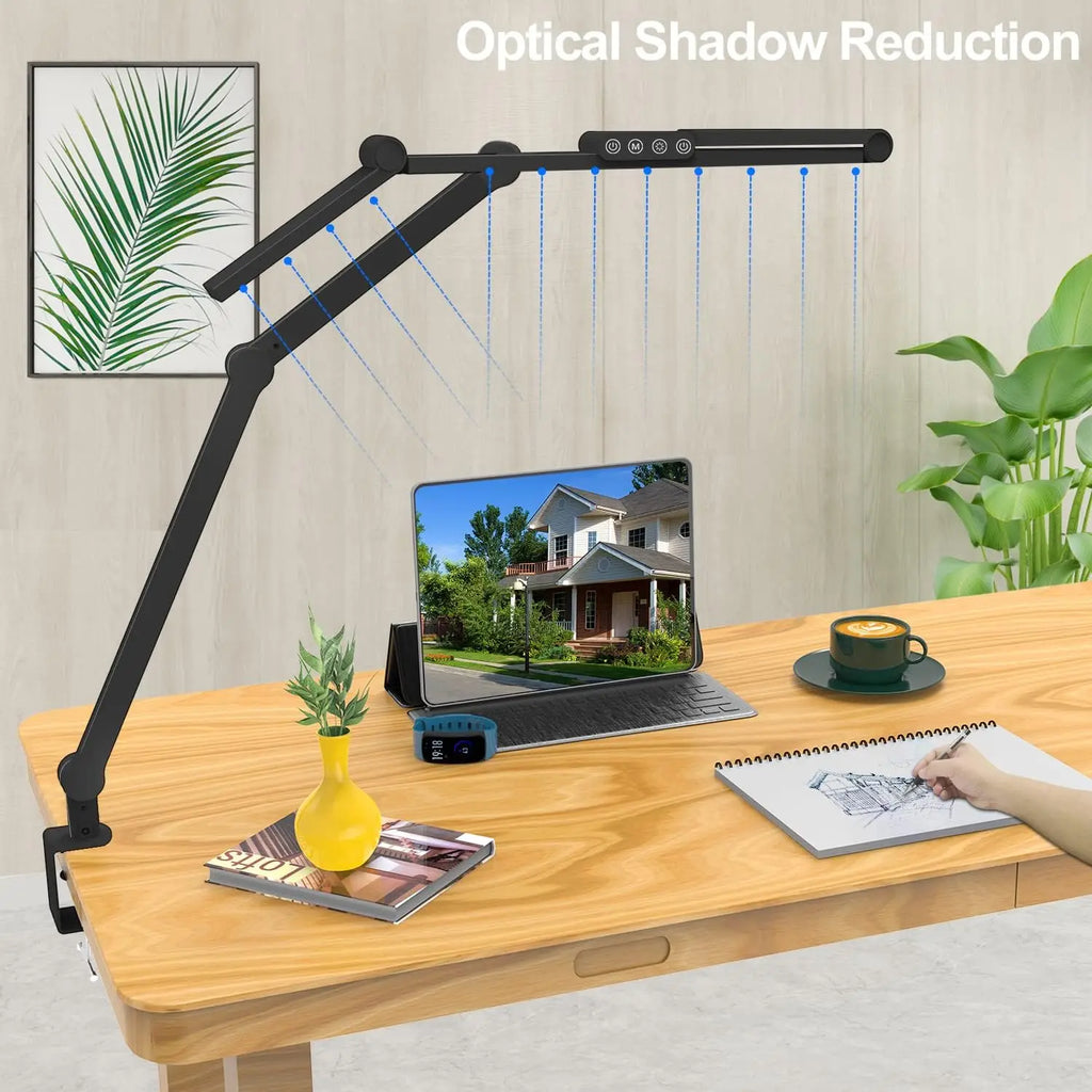 LED Desk Lamp with Clamp, 24W Ultra Bright Auto Dimming Light, Stepless Dimming & Tempering for Home Office