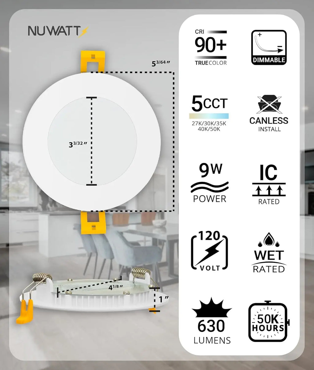Ultra-Thin 4" LED Recessed Lighting 5CCT Selectable 2700K-5000K Dimmable 9W 630LM IC Rated ETL