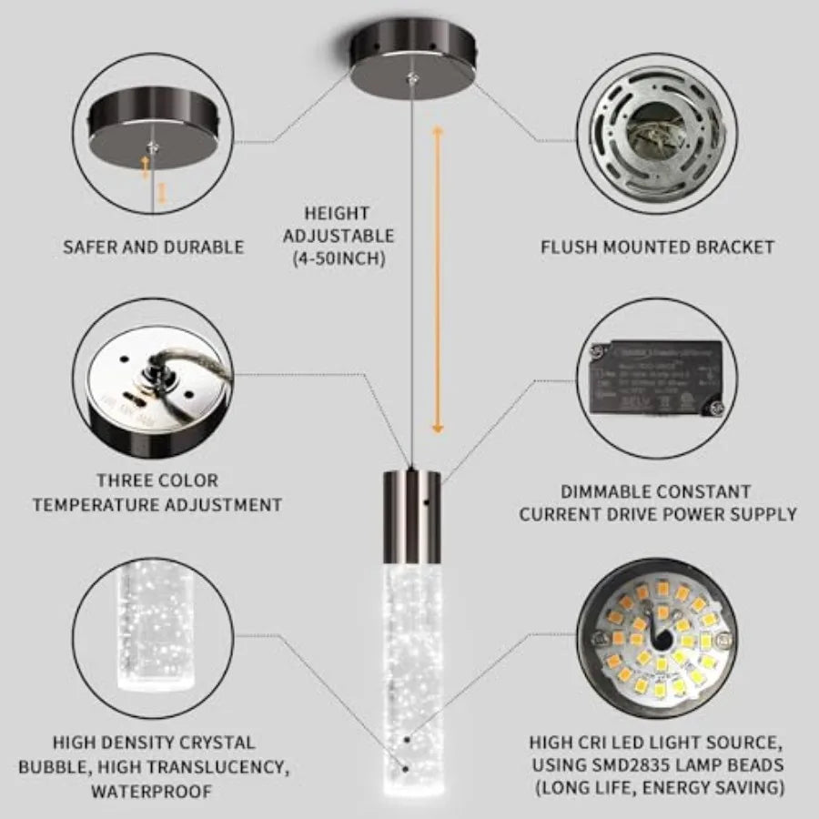 Modern Pendant Light, 3Color LED Bubble Crystal Island Light Fixtures, Mini Pendant Lighting for Kitchen Island, Bar, 6W, 3000-