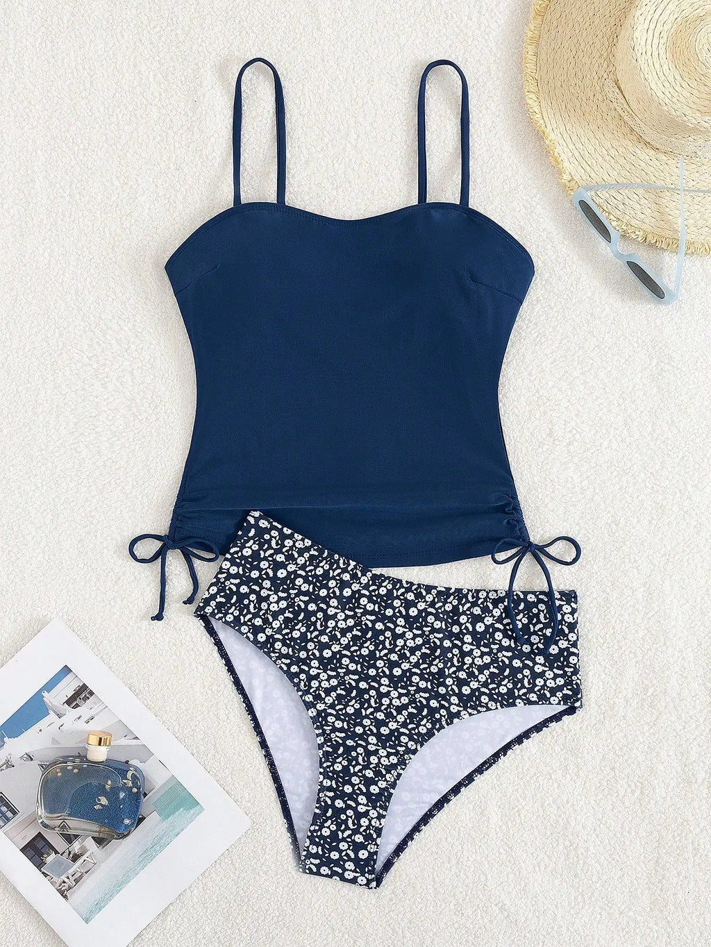 Women's Ribbed Camisole Top And Floral Print High Waist Swim Shorts Set