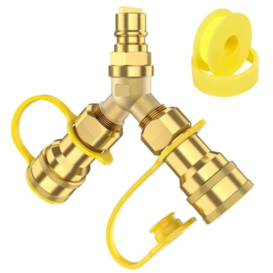 Natural Gas Y Splitter 2-Way Natural Gas Quick Connect Fittings with Shut Off Valve Conversion Kit for Gas Le " Propane Hose Pi