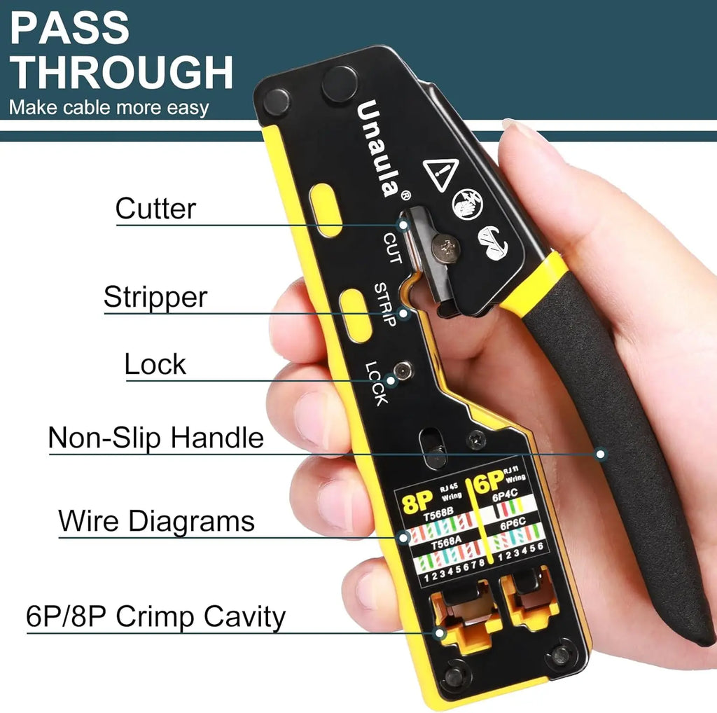 Professional RJ45 Crimp Tool Kit for Cat5 Cat6 Ethernet Cables, Pass Through Crimper with Easy Installation