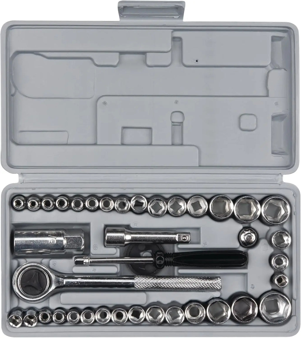 40-Piece SAE and Metric Socket Set, 1/4 & 3/8 Inch Drive, Ratchet and Extension Bar, Blow-Molded Case