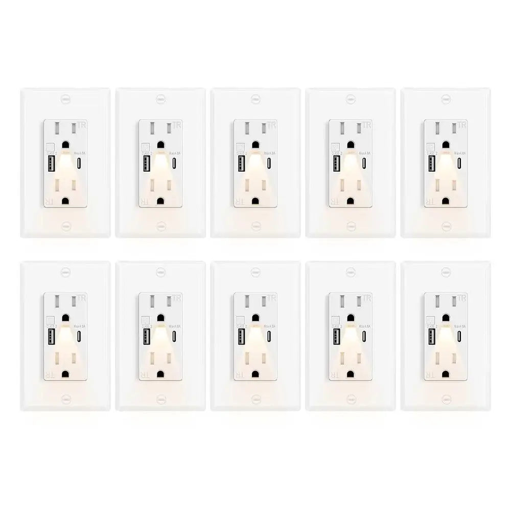10-Pack 15A High-Speed Wall Outlets with Built-in Nightlight and 4.8A USB Ports, Tamper-Resistant, Includes Wall Plate, ETL List