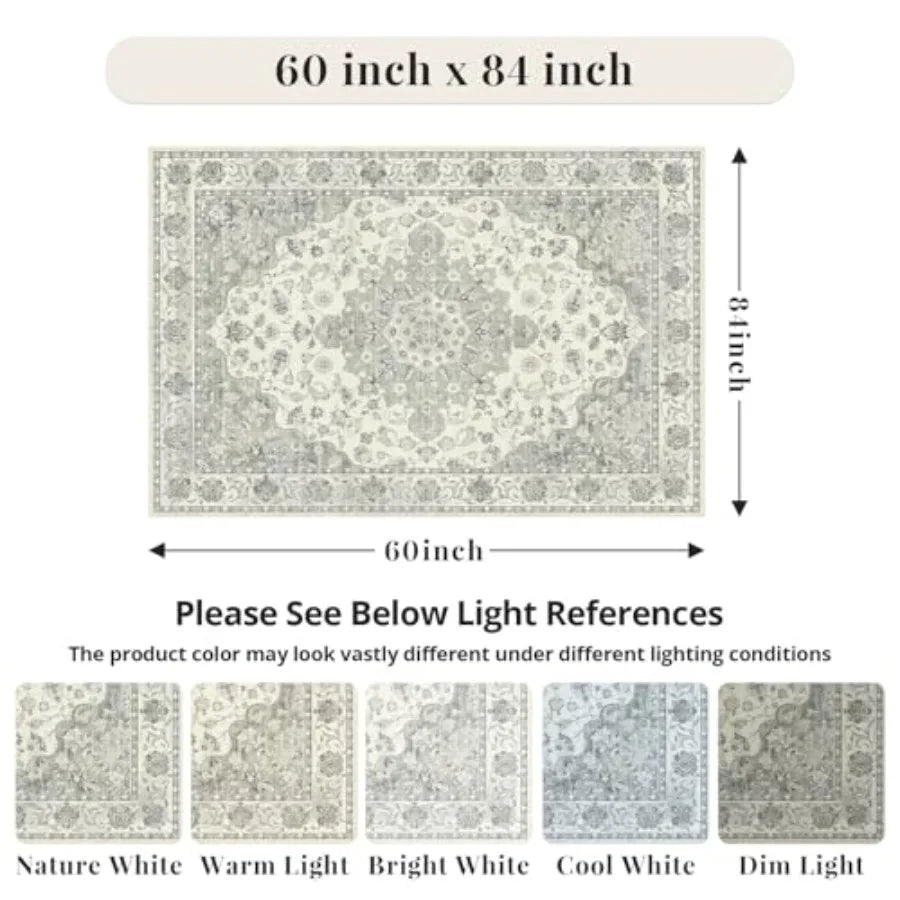 Washable 5x7 Area Rug - Living Room Rug Distressed Low Pile Mats Pad Non Slip Soft Rugs for Dining Room with Rubber Backing Bed