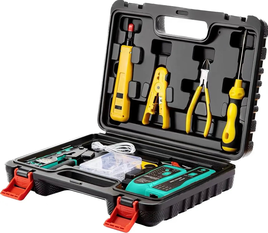 RJ45 Crimp Tool Kit with Pass Through, Network Tool Set for Cat6 Cat5e Connectors, Includes Wire Tracker and Punchdown Tool