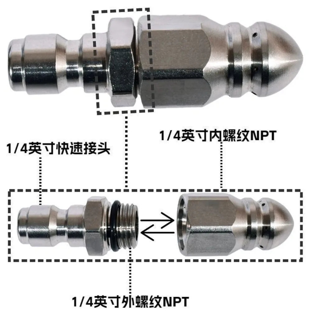1/4" Stainless Steel Pressure Washer Nozzle Water Jet Sewer Drain Cleaning Quick Connect Plug Hose Accessory Tool