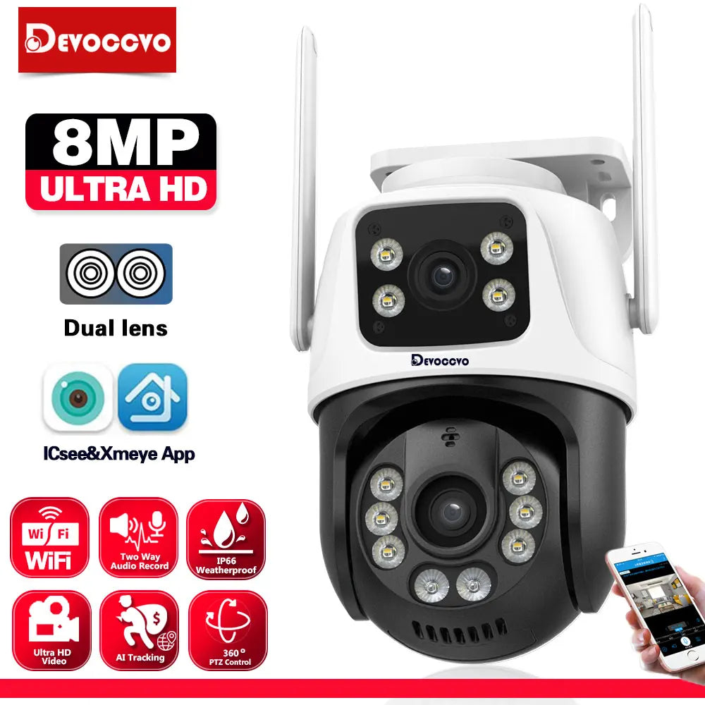 4K 8MP Outdoor Wireless Security Camera Dual Lens Dual Screen AI Human Detect Auto Tracking PTZ Wifi Survalance Camera iCSee App