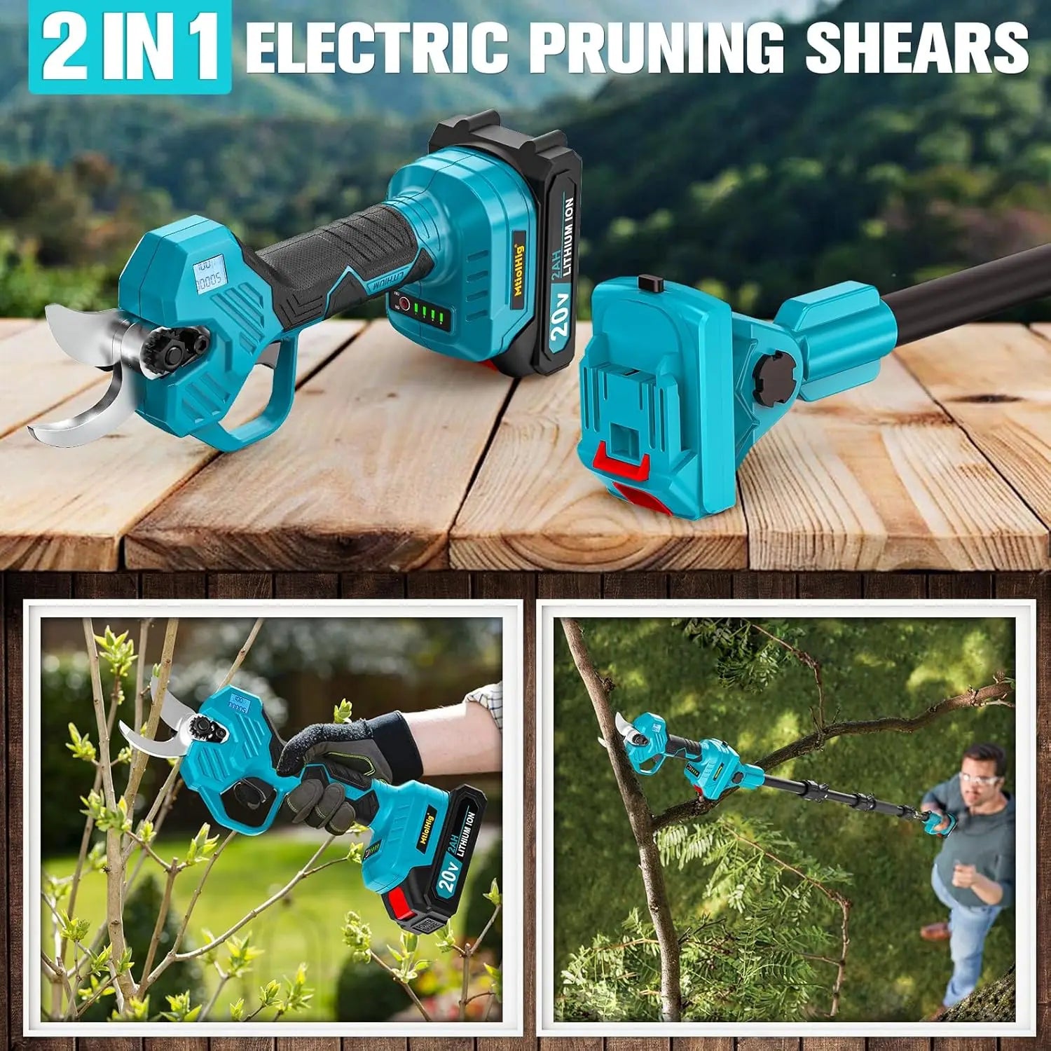 2 in 1 Brushless Pole Electric Pruning Shears with 2 Batteries, 13 Ft Reach, 0.8-2 Inch Cut