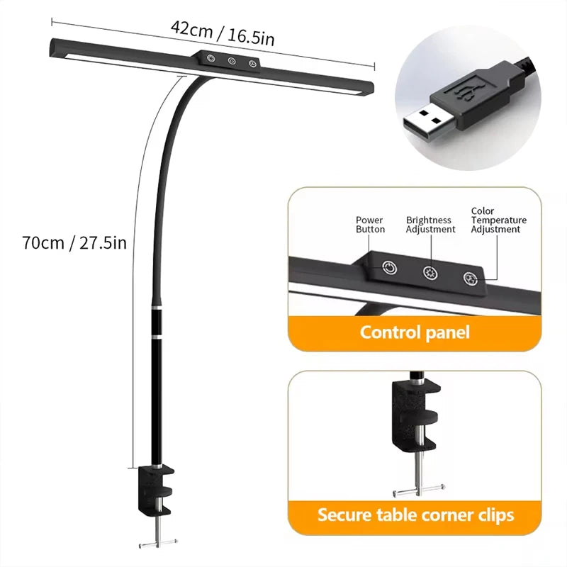 USB-Powered Clip Light LED Desk Lamp with Flexible Gooseneck Design Temperature Adjustment Dimmable Brightness Touch Control