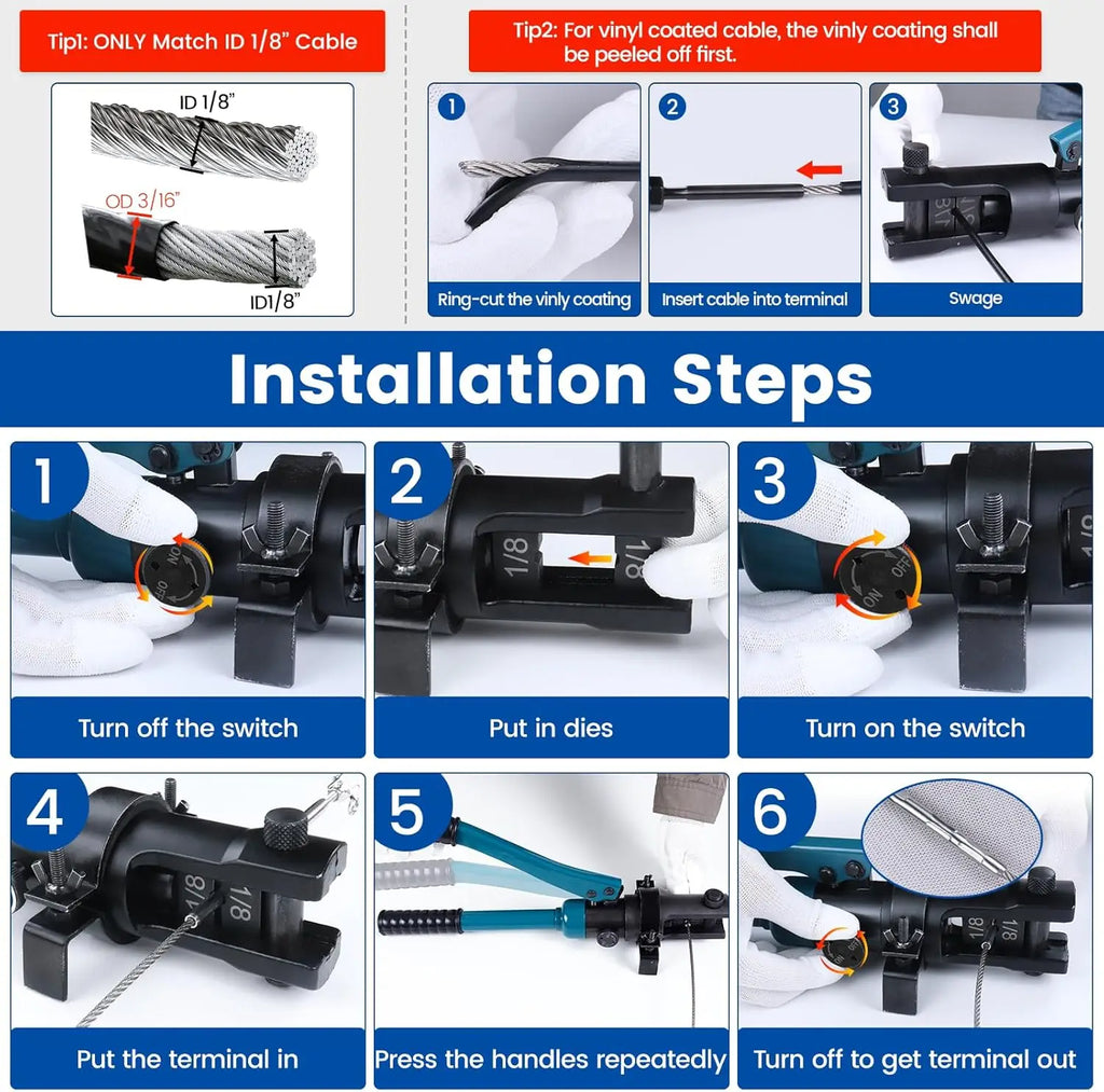 Upgraded Hydraulic Cable Railing Crimping Tool for 1/8" 5/32" 3/16" Stainless Steel Wire Rope with Cutter
