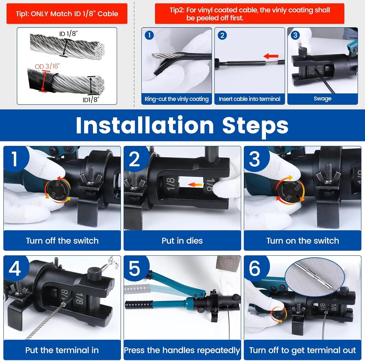 Upgraded Hydraulic Cable Railing Crimping Tool for 1/8" 5/32" 3/16" Stainless Steel Wire Rope with Cutter