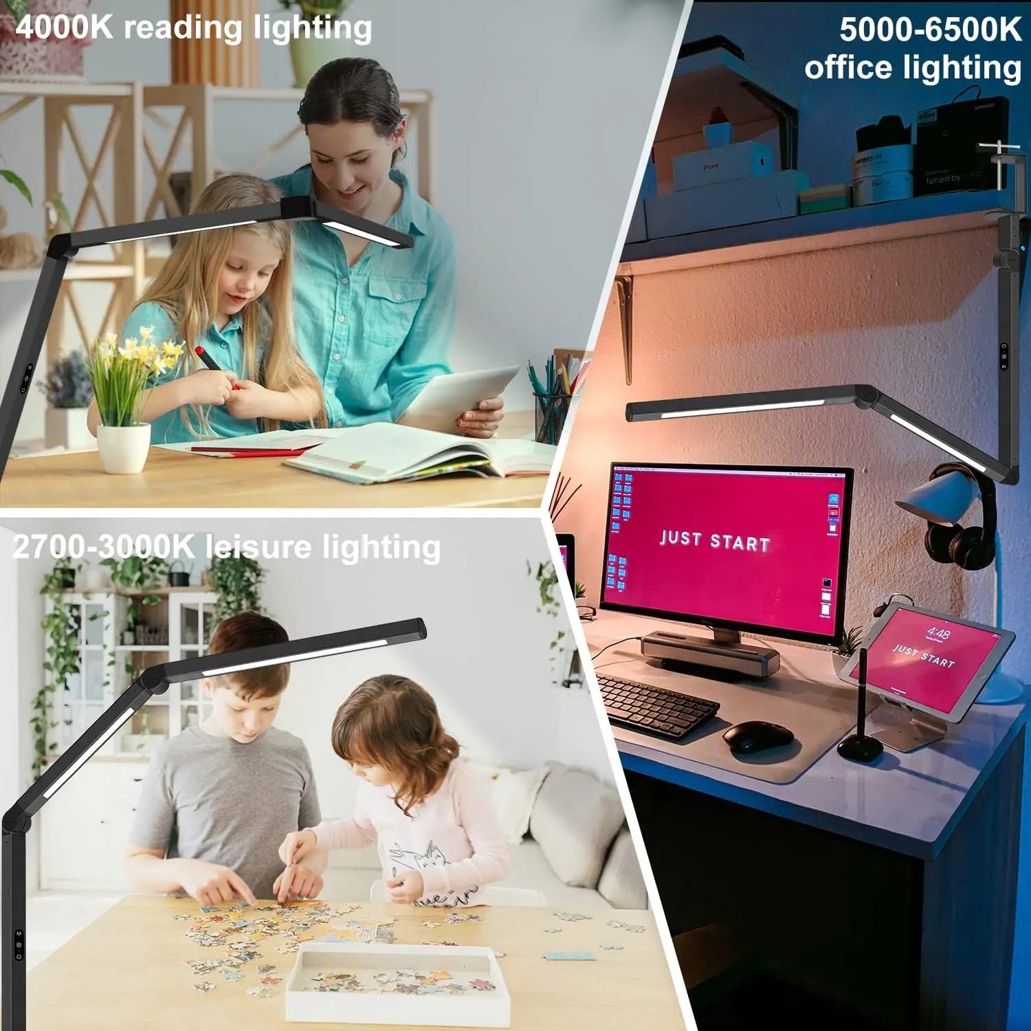 Adjustable LED Desk Lamp with Clamp, Dual Light, 4 Color Modes & 5 Brightness Levels for Home Office