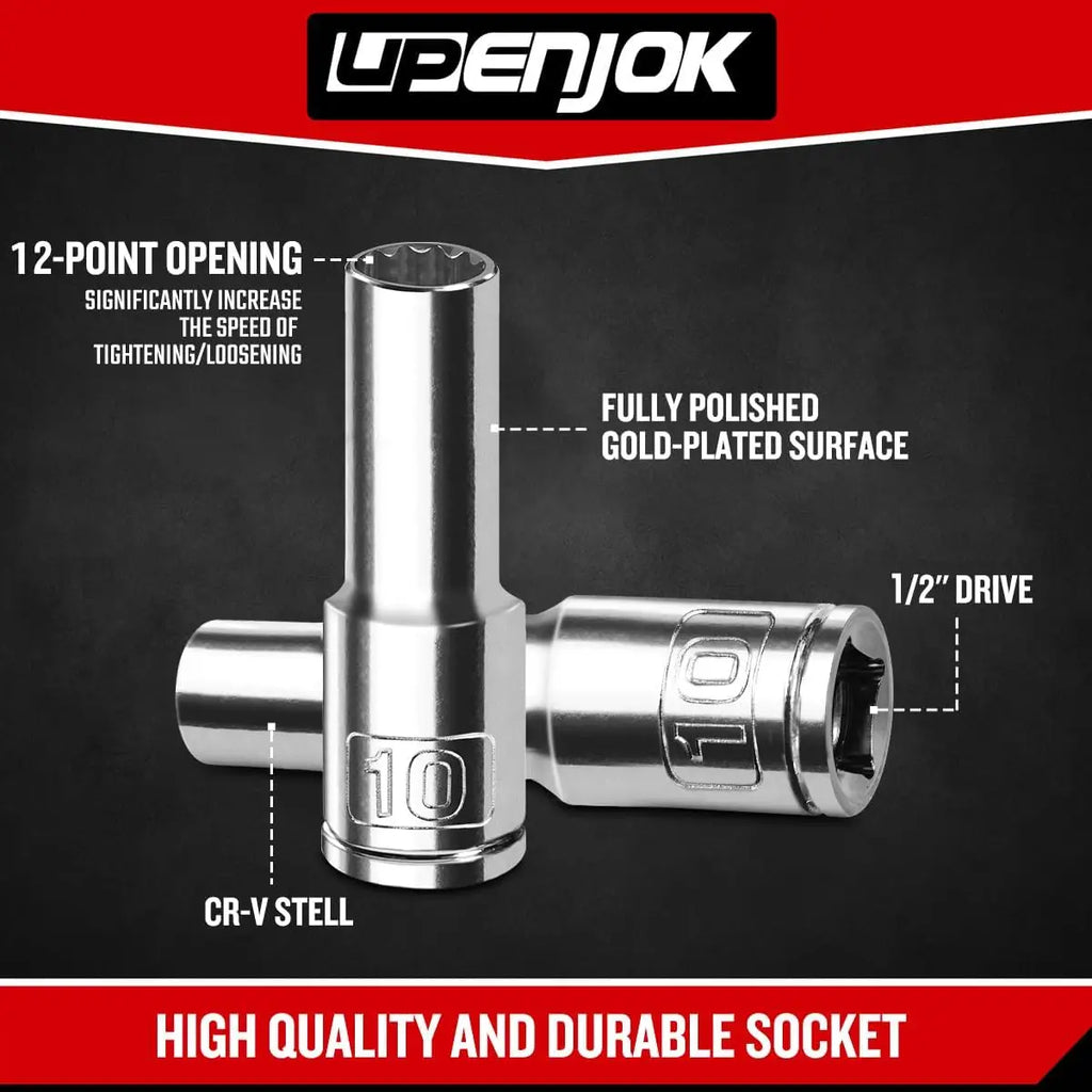 2PCS 1/2" Drive 10mm Socket Set, Deep, Mirror Finish, Cr-V Steel, 12-Point