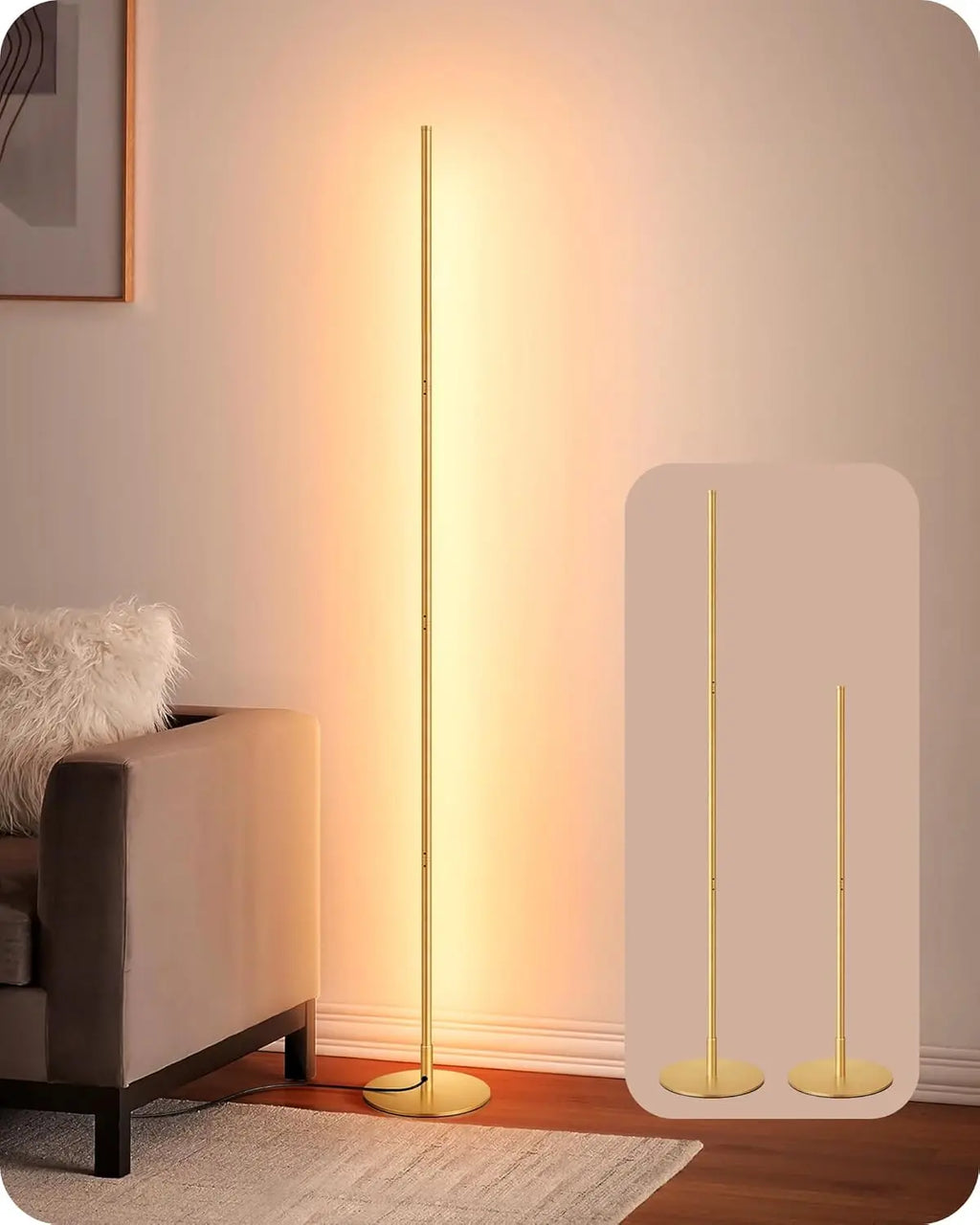 Modern Slim Dimmable LED Corner Floor Lamp, Adjustable Height, 57.5" Tall for Living Room Bedroom Office, Warm White Light