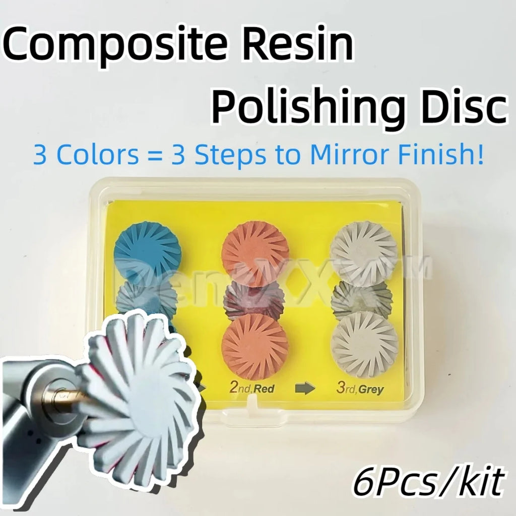 6 Composite Resin Polishing Discs, Rubber Polishing Wheels 14mm, 3-Color Cyclone Wheels with Gold Ra Shank, Shank Diameter 2.35mm, for Soft Metals, Wood, Stone, Pvc, Jade, Ceramic Tiles, Marble, Plastic, Agate, Glass, Crystal, and Non-Ferrous Metals