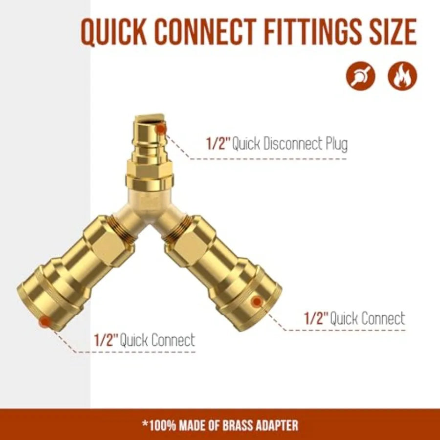Natural Gas Y Splitter 2-Way Natural Gas Quick Connect Fittings with Shut Off Valve Conversion Kit for Gas Le " Propane Hose Pi