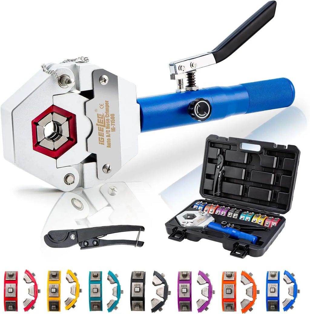 Hydraulic Hose Crimper Tool for AC Repair with 7 Die Set, Fits Barbed & Beaded Hose Fittings | IG-71500