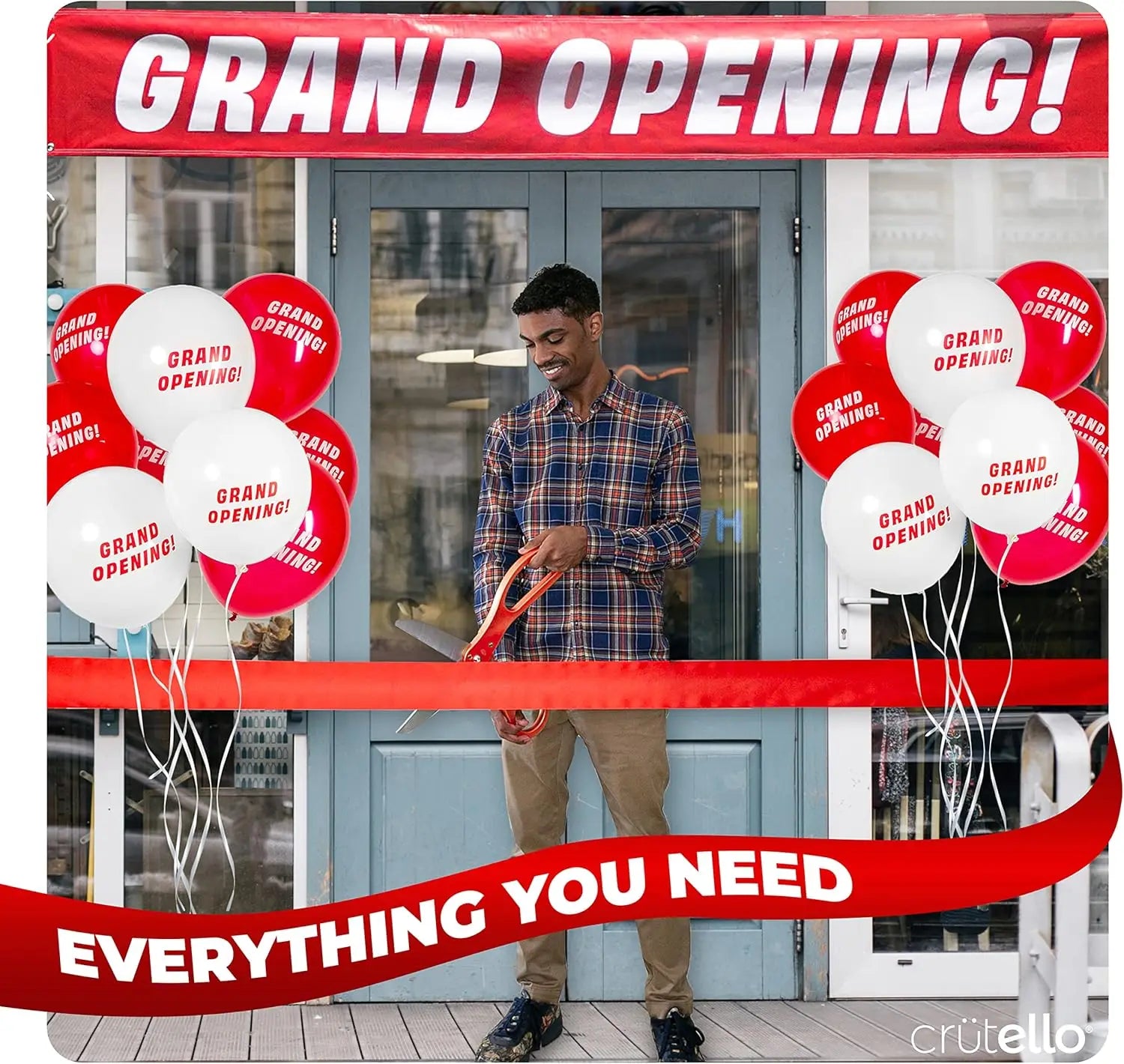 Giant Ribbon Cutting Ceremony Kit - 20" Red Scissors, 30ft Ribbon, 10ft Banner, 20 Balloons
