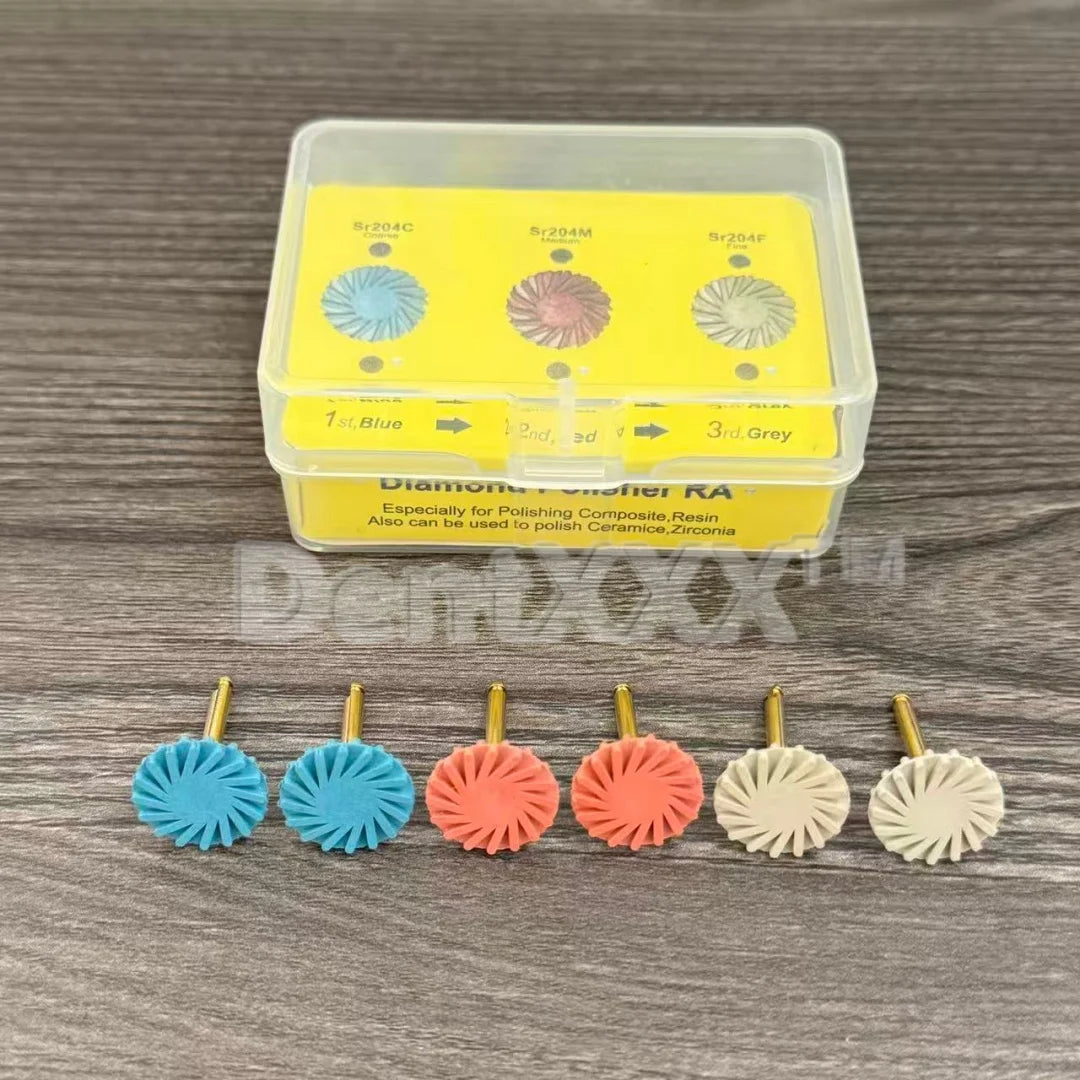 6 Composite Resin Polishing Discs, Rubber Polishing Wheels 14mm, 3-Color Cyclone Wheels with Gold Ra Shank, Shank Diameter 2.35mm, for Soft Metals, Wood, Stone, Pvc, Jade, Ceramic Tiles, Marble, Plastic, Agate, Glass, Crystal, and Non-Ferrous Metals