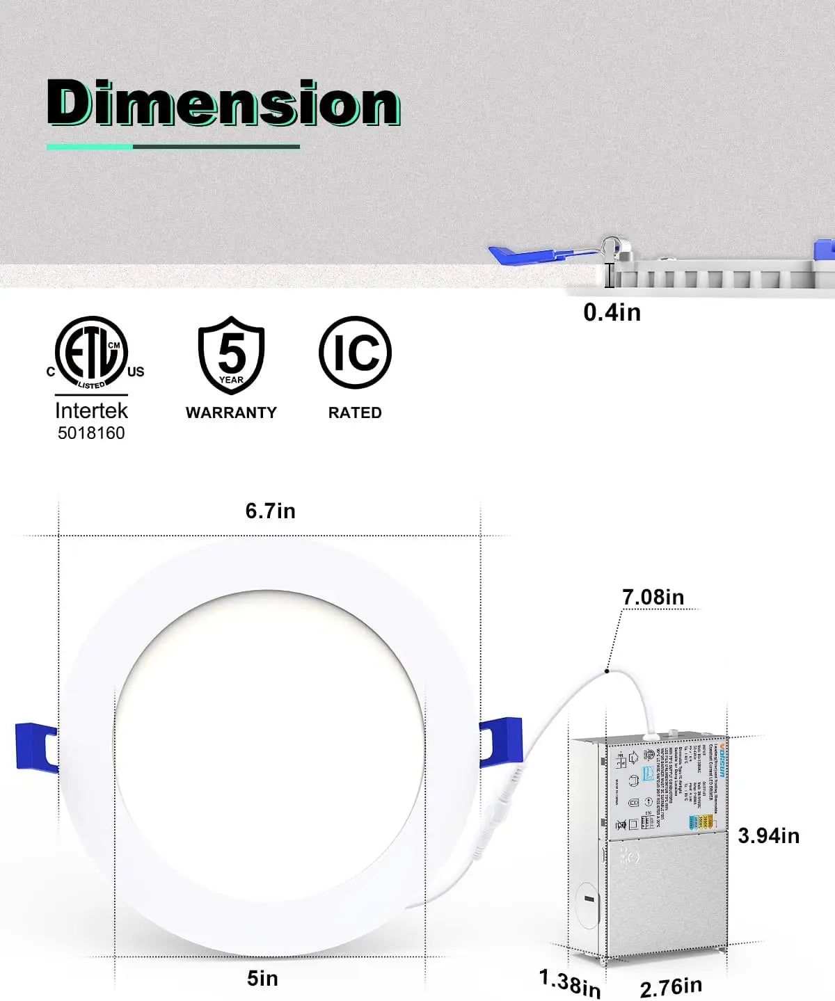 12 Pack 6 Inch Recessed Light with Night Light, 5CCT Selectable 2700K-5000K, 12W=130W, 1080LM Dimmable, ETL Listed