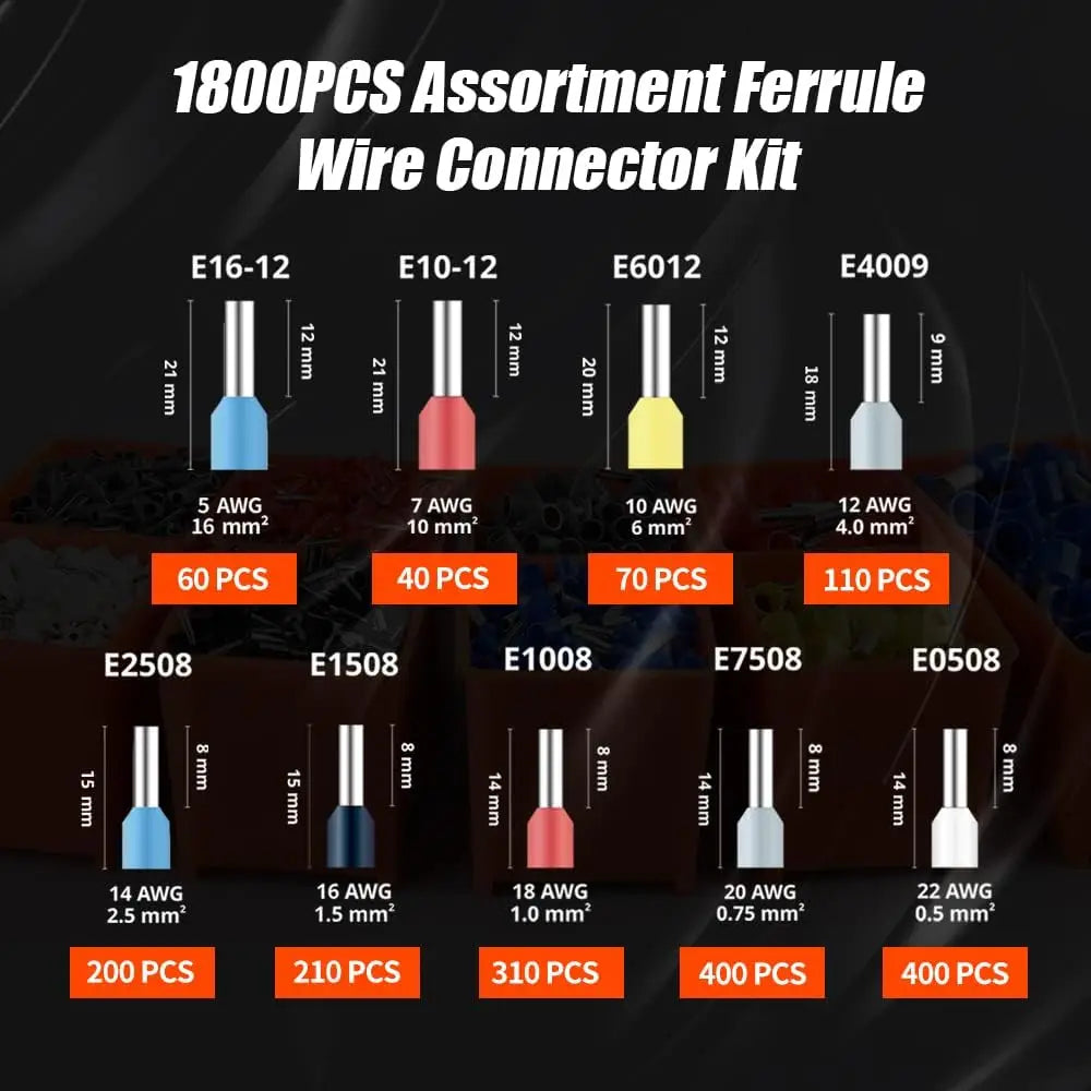 Self-Adjusting Wire Ferrule Crimper Kit with 1800 Terminals for AWG30-5 Range