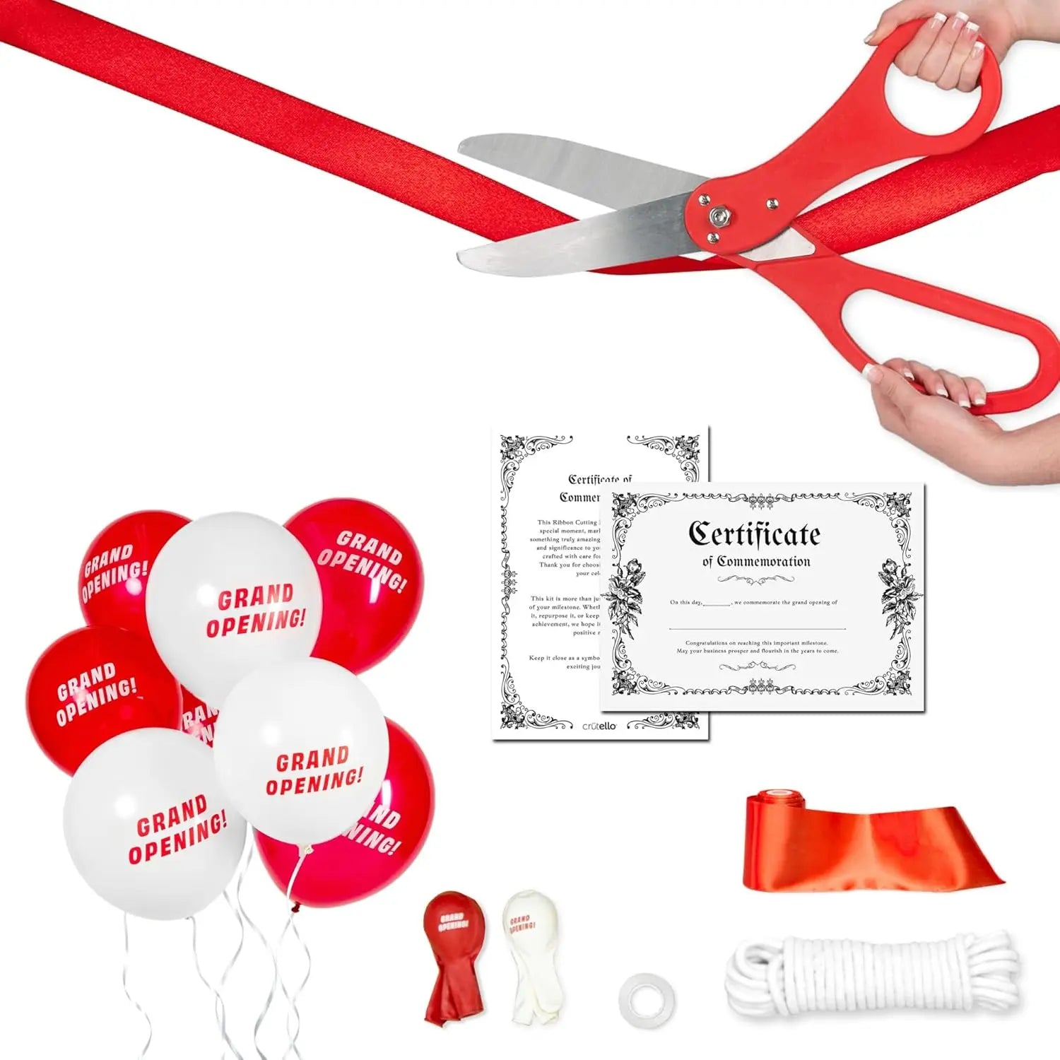 Giant Ribbon Cutting Ceremony Kit - 20" Red Scissors, 30ft Ribbon, 10ft Banner, 20 Balloons
