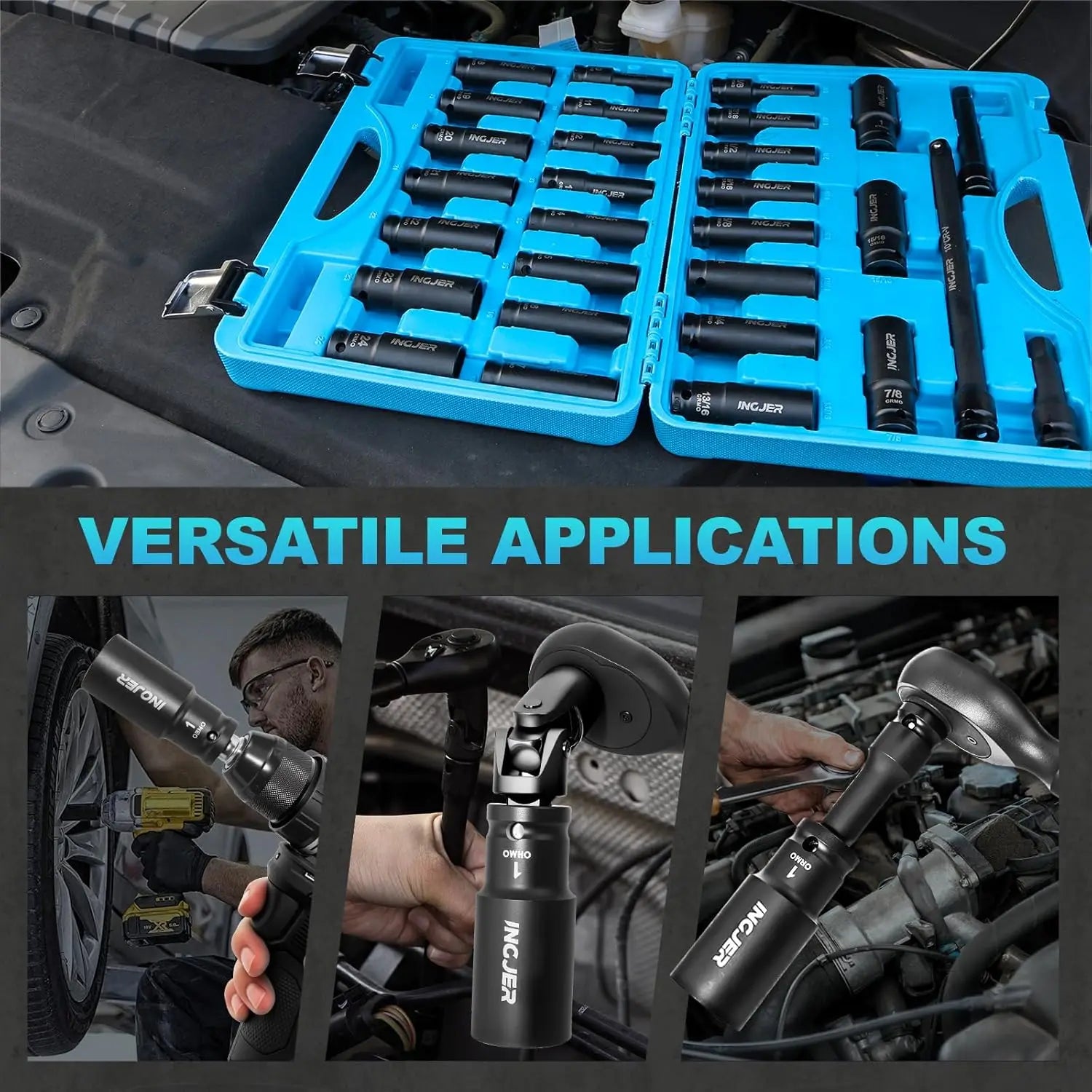 1/2" 29Pcs Impact Socket Set, SAE & Metric, Standard & Deep Sockets with Extension Bars, CR-MO Steel, High Torque for Truck
