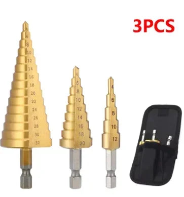 Titanium Coated Step Drill Bit Set | Large & Small Sizes | 2-Piece or 3-Piece for Metal, Wood, and Plastic