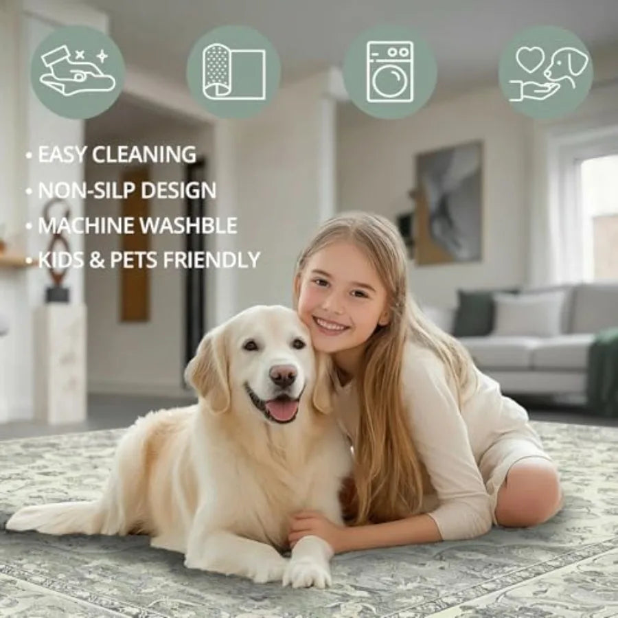 Washable 5x7 Area Rug - Living Room Rug Distressed Low Pile Mats Pad Non Slip Soft Rugs for Dining Room with Rubber Backing Bed