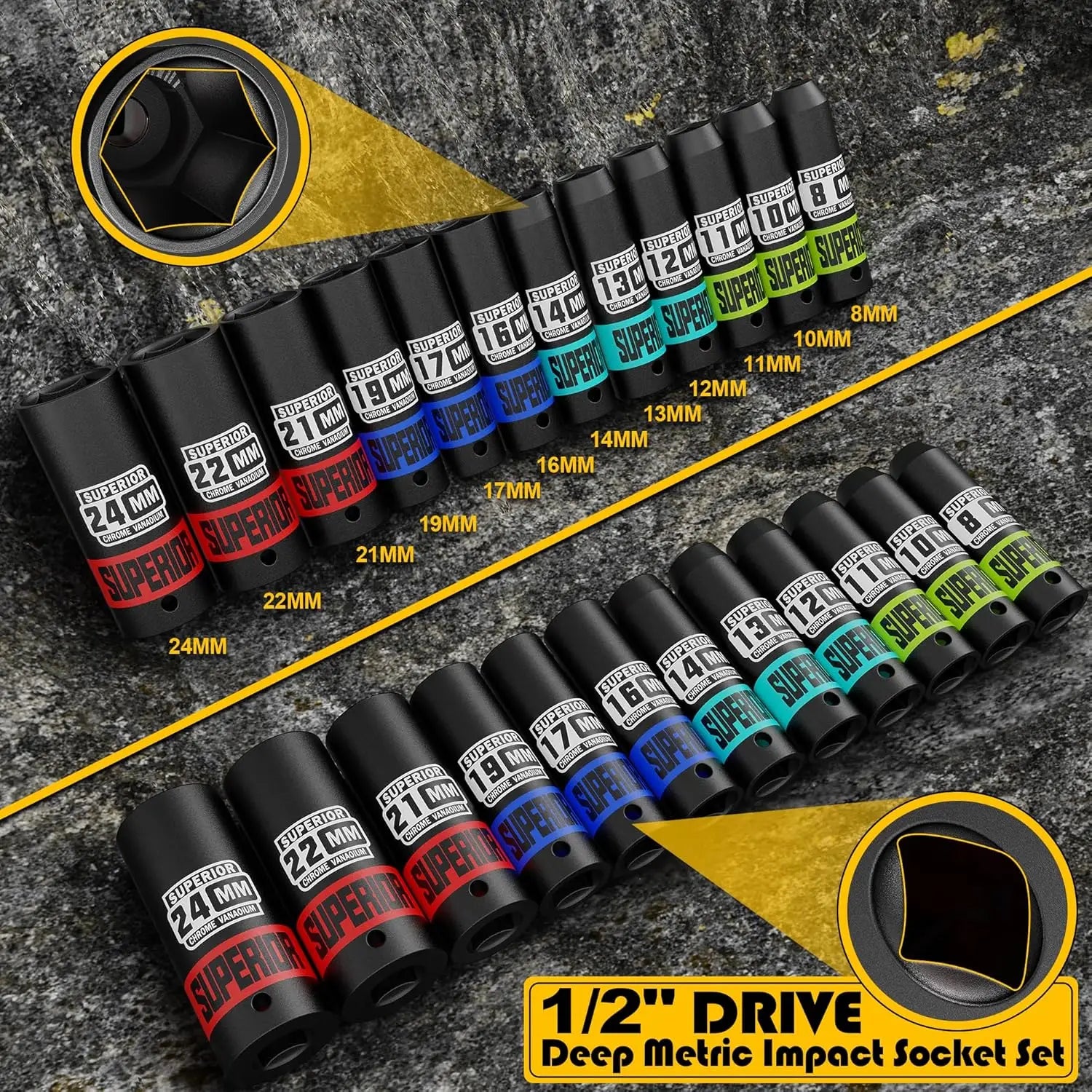 14 Piece 1/2" Drive Impact Socket Set, 8-24 mm Deep Sockets, CR-V Steel, 6-Point, Metric with Adapter & Holder for Automotive