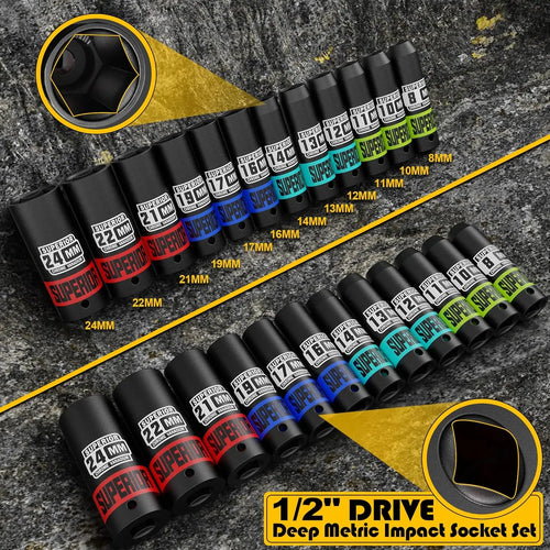 14 Piece 1/2" Drive Impact Socket Set, 8-24 mm Deep Sockets, CR-V Steel, 6-Point, Metric with Adapter & Holder for Automotive
