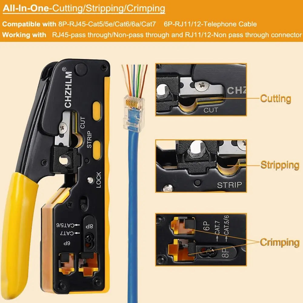 RJ45 Crimp Tool Kit with Cable Tester for Ethernet Connectors Cat7 Cat6 Cat5, Includes Stripper and Telephone Connector