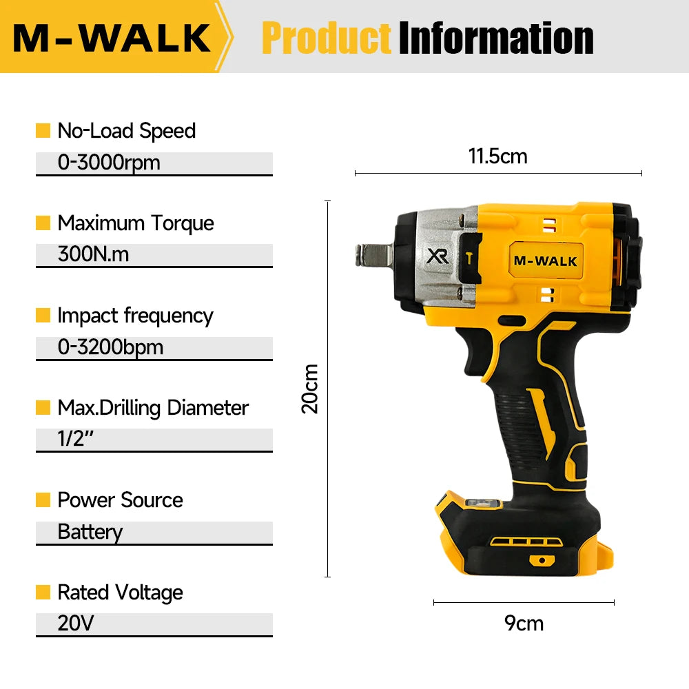 M-WALK 300N.M Brushless Electric Impact Wrench 3000RPM Cordless Wrench Screwdriver 1/2Inch Power Tool For Dewalt 20V Battery Pin