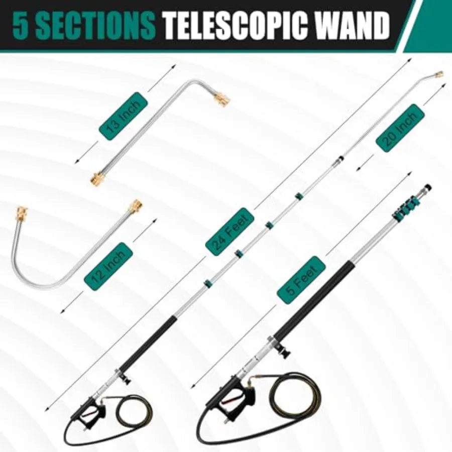 24FT Telescoping Pressure Washer Extension Wand 4000PSI High Reach Power Washer Wand with Rotary Brush 7 Nozzles M22 Adapters G
