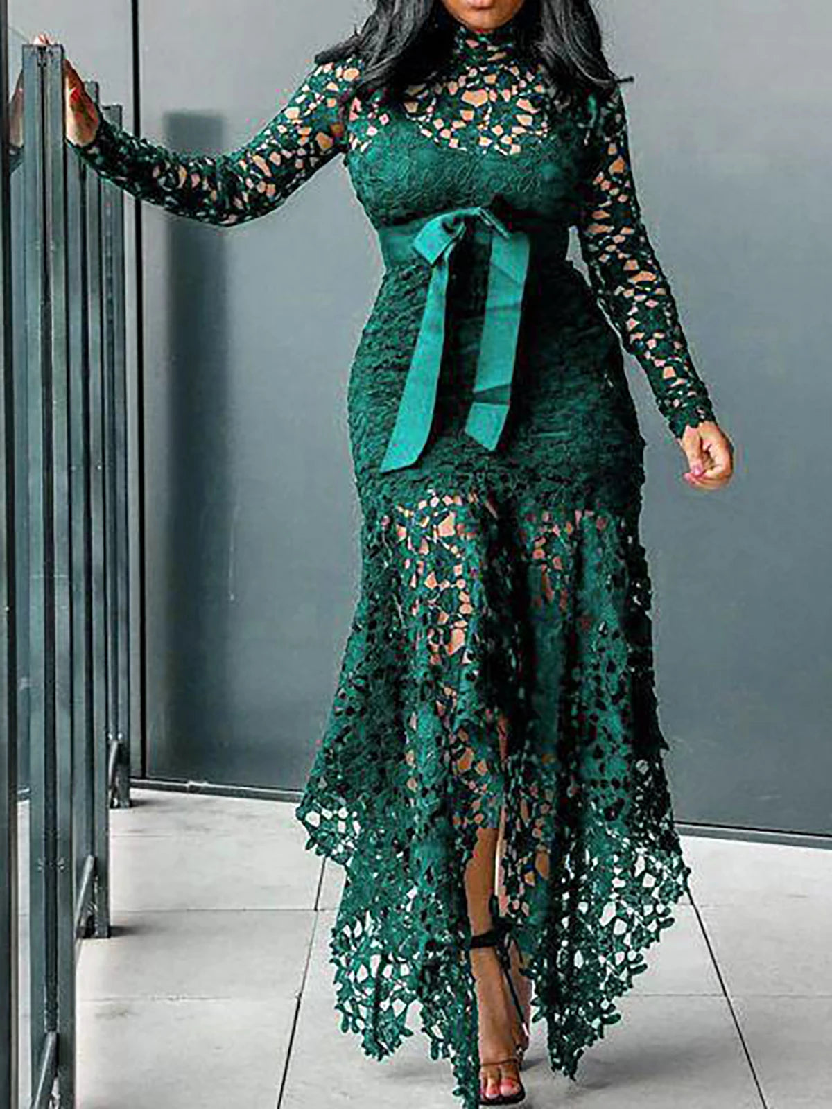 Women Elegant French Lace Dress Stand Up Collar Puff Sleeve Slim Sexy Hollow Out Irregular Hem Party Club Evening Midi Dresses